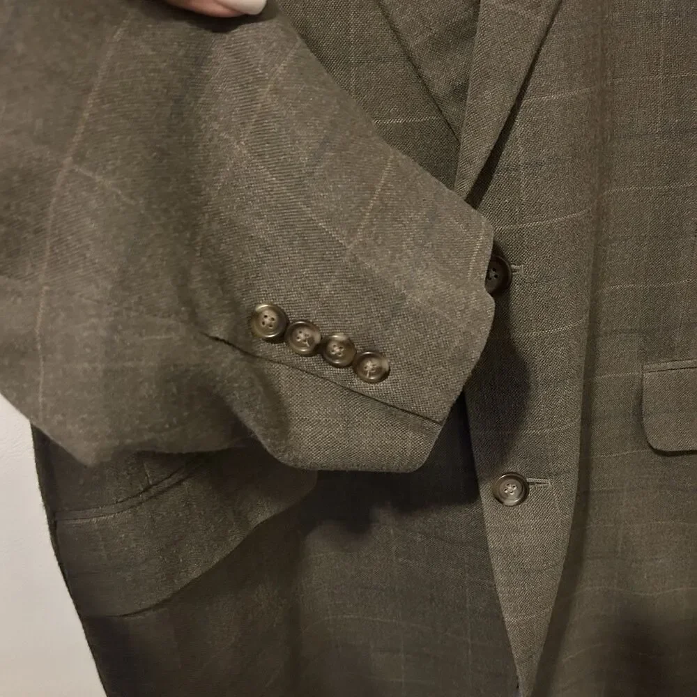 JOS A BANK mens gray PLAID silk + wool sport coat suit jacket blazer 46L